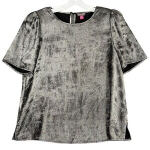 Vince Camuto Metallic Foil Velvet Puff Short Sleeve Blouse Silver Black M Womens